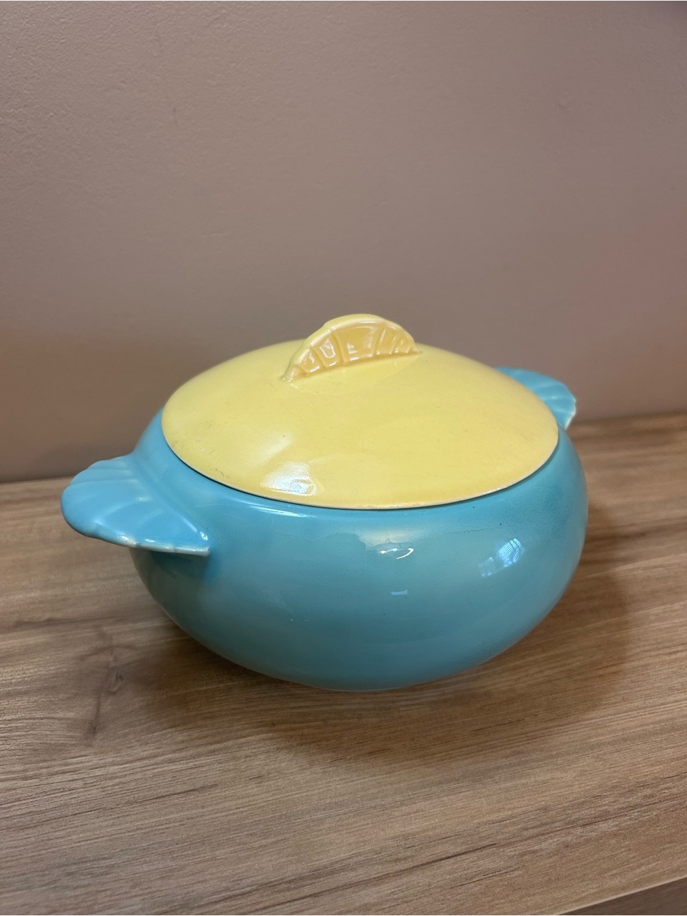 Vintage Blue and Yellow Ceramic Covered Casserole Dish mid century art deco